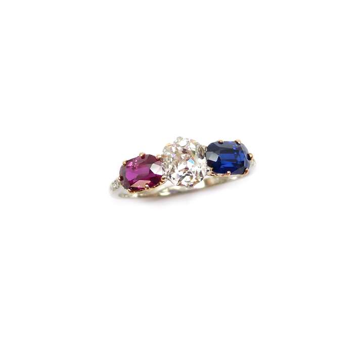 Ruby, diamond and sapphire three stone ring